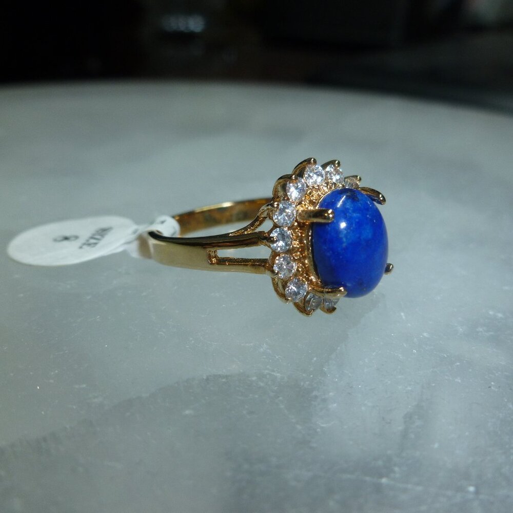 Lapis Lazuli Cubic Zirconia 18K Yellow Gold EP Dolphin Ore Ring Size 8